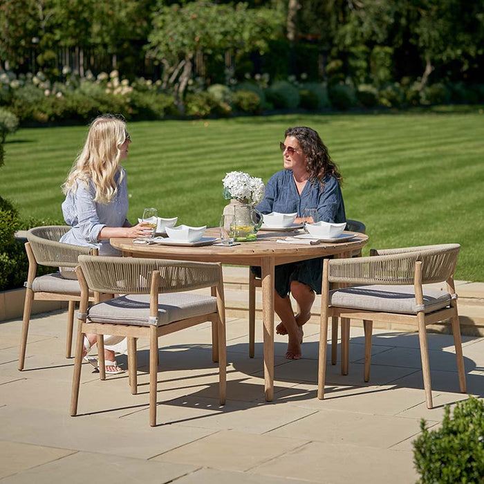 Two women enjoying a meal in a garden setting with the Denver Outdoor 4 Seater Dining Set, featuring a round acacia wood table and sage green rope-back chairs, perfect for alfresco dining.