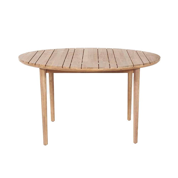 Denver Outdoor 4 Seater Dining Set table made from teak-effect acacia wood, featuring a round slatted top perfect for outdoor dining.