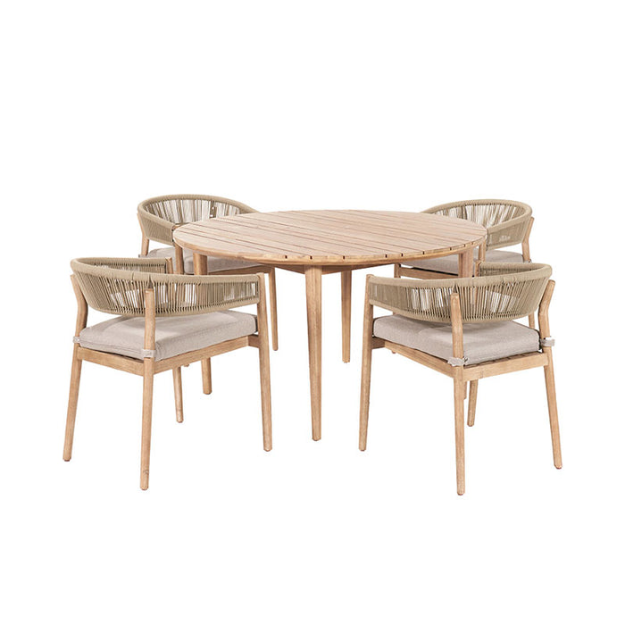 Denver Outdoor 4 Seater Dining Set with a round teak-effect acacia wood table and four sage green twisted rope-back chairs, providing a stylish and comfortable garden dining solution.