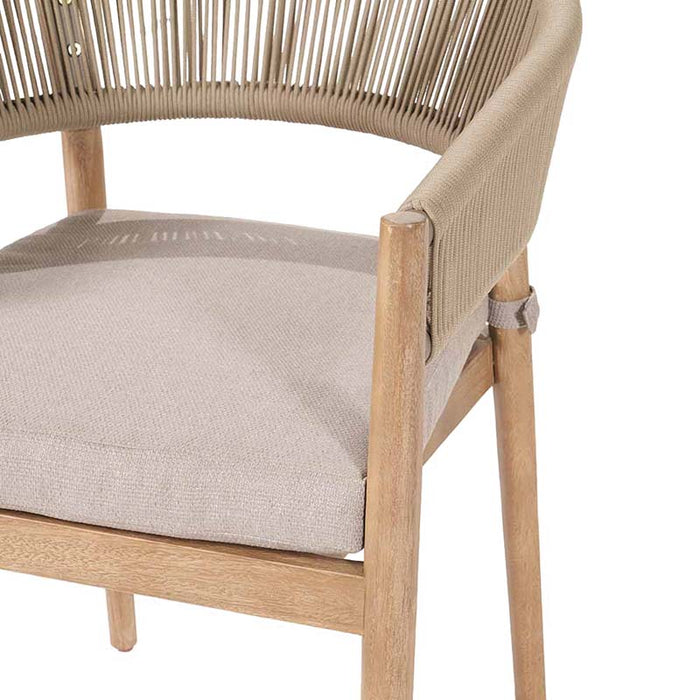 Close-up view of the Denver Outdoor 6 Seater Dining Set chair's twisted rope backrest and plush cushion, showcasing the elegant design and comfortable seating.