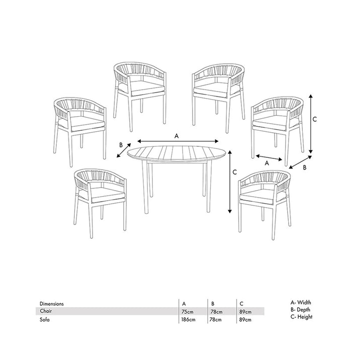 Diagram showing the dimensions of the Denver Outdoor 6 Seater Dining Set, including the round table and six chairs, for easy planning of your outdoor space.