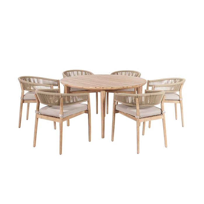 Denver Outdoor 6 Seater Dining Set on a white background, highlighting the spacious round dining table and sage green twisted rope back chairs, ideal for stylish outdoor gatherings.