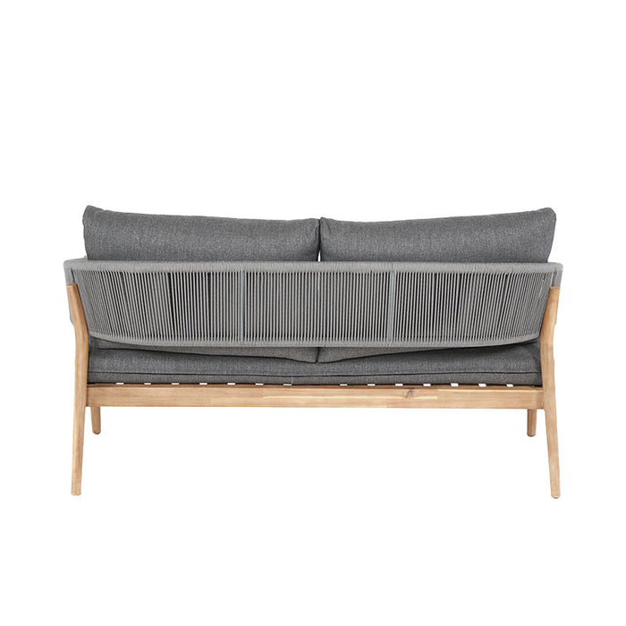 Back view of Denver Outdoor Seating Set's sofa with grey rope detailing and teak frame.