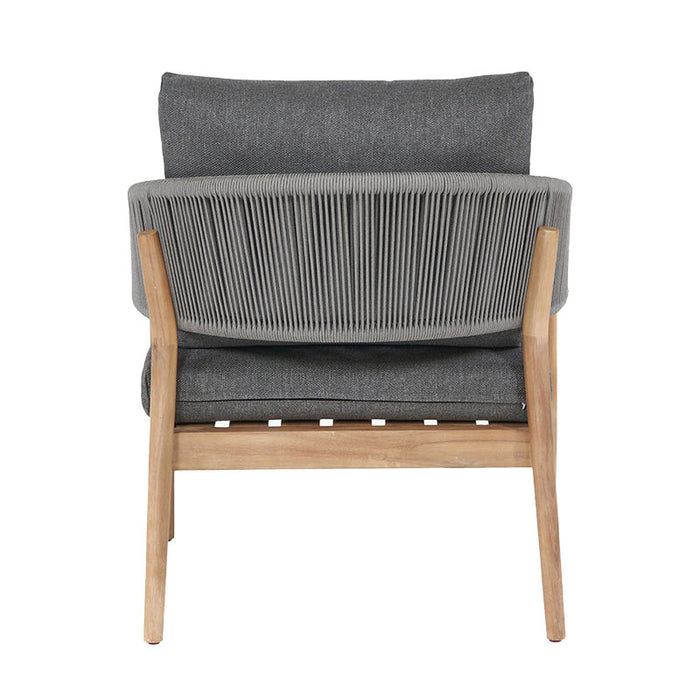 Back view of Denver Outdoor Seating Set's armchair with teak frame and grey rope.