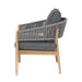 Side view of Denver Outdoor Seating Set's armchair with a teak frame and grey rope detailing.