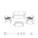 Diagram of Denver Outdoor Seating Set with dimensions for sofa, chairs, and coffee table.