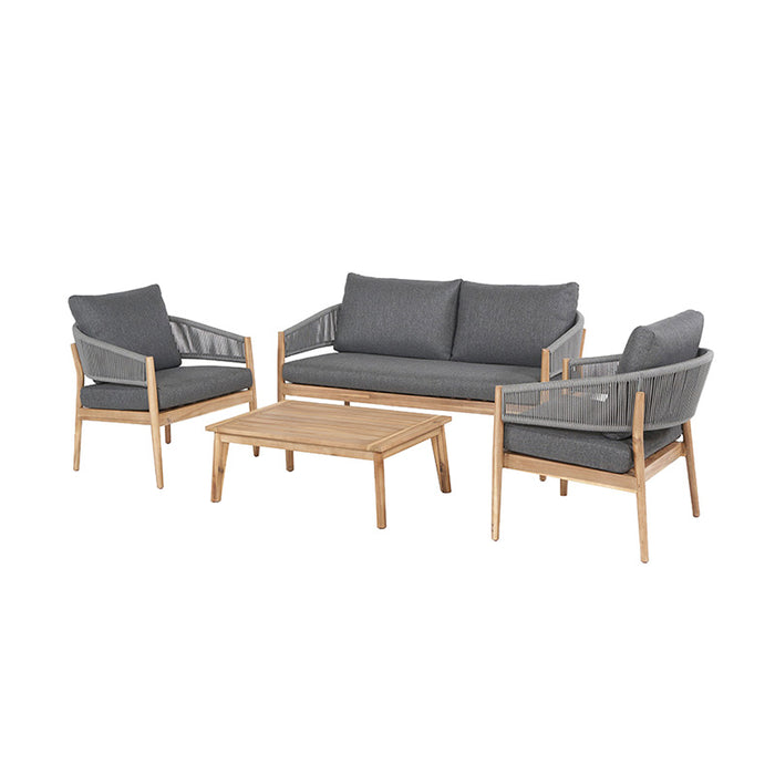 Left-angle view of Denver Outdoor Seating Set featuring a sofa, armchairs, and teak table.