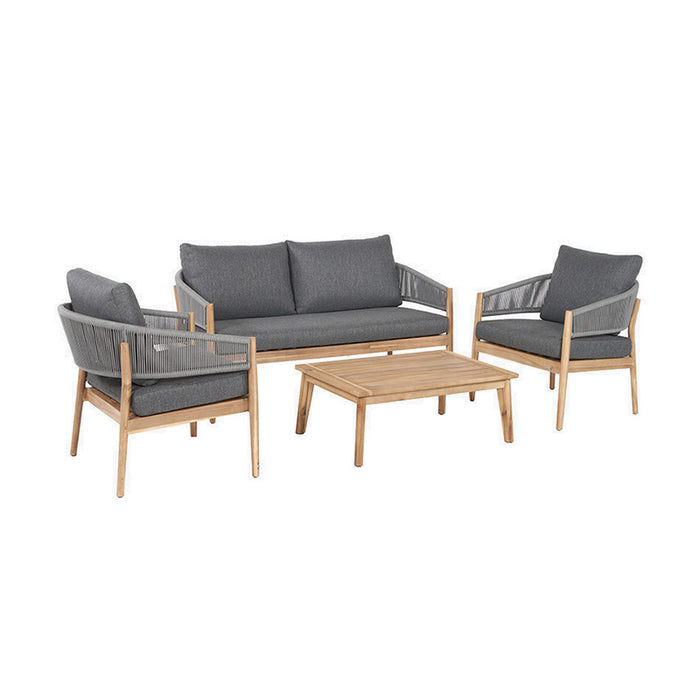 Right-angle view of the Denver Outdoor Seating Set, showcasing the elegant design of the two-seater sofa, two armchairs, and an acacia wood coffee table. The set is finished with Dark Grey Rope detailing and comfortable anthracite-coloured cushions, making it perfect for modern outdoor spaces.