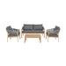 Denver Outdoor Seating Set featuring a sleek two-seater sofa, two matching armchairs, and a rectangular acacia wood coffee table. The set is crafted with a Light Teak Acacia Wood frame and upholstered with Dark Grey Large Weave Olefin cushions, offering a stylish and comfortable outdoor furniture solution.