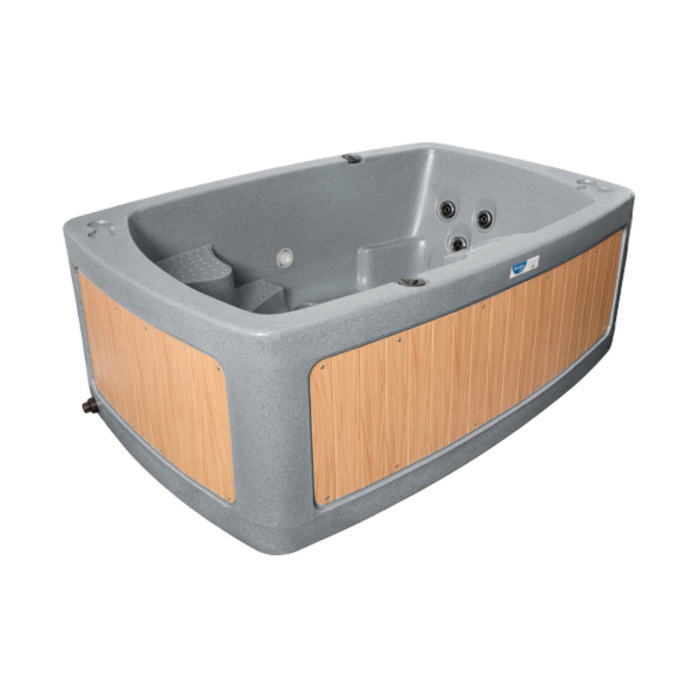 Light grey RotoSpa DuoSpa S080 hot tub with teak-effect panels, front view.