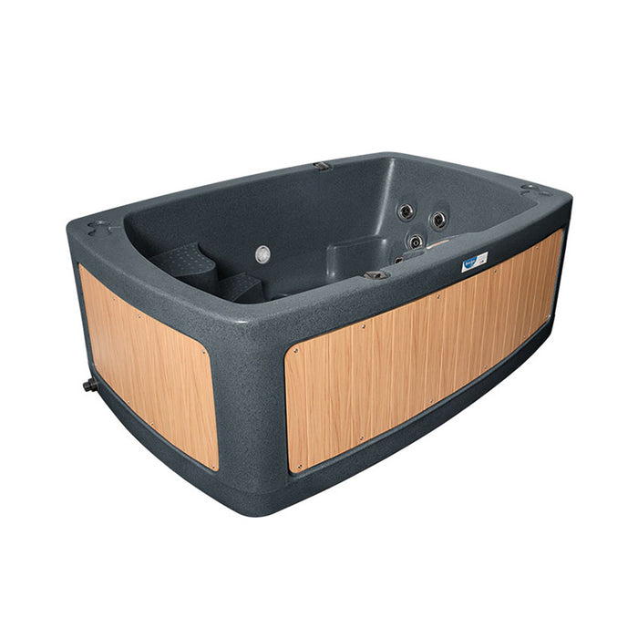 Granite grey RotoSpa DuoSpa S240 hot tub with teak wood-effect panels.