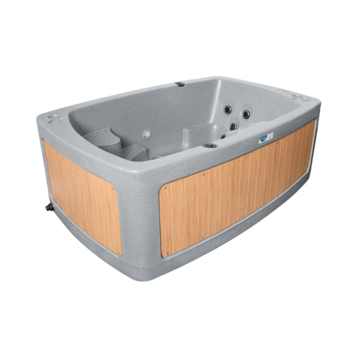 Light grey RotoSpa DuoSpa S240 hot tub with teak wood-effect panels.