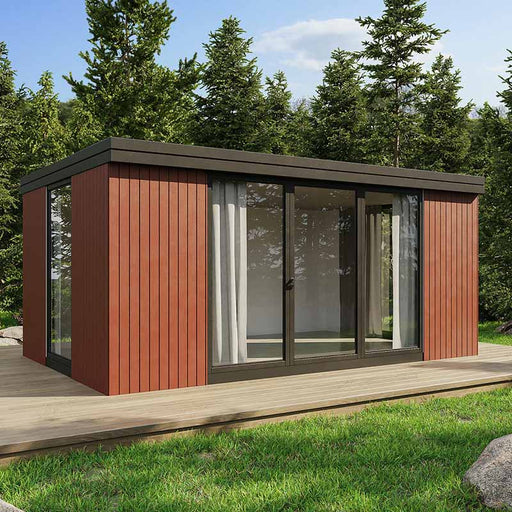 Striking red Estholz Garden House HENRY with clean vertical timber siding, full-height windows, and set against lush forest greenery.