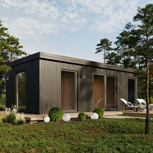 Contemporary Estholz Garden House HUGO featuring extended layout, dark timber finish, and multiple entrances in a lush garden surrounded by nature.