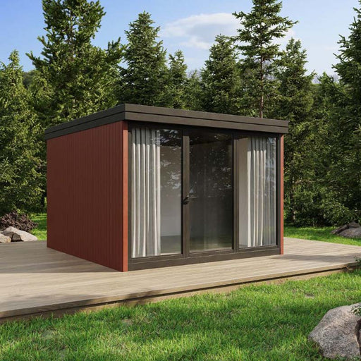 Minimalist Estholz Garden House OLIVER on a timber platform, surrounded by lush greenery and tall evergreen trees.