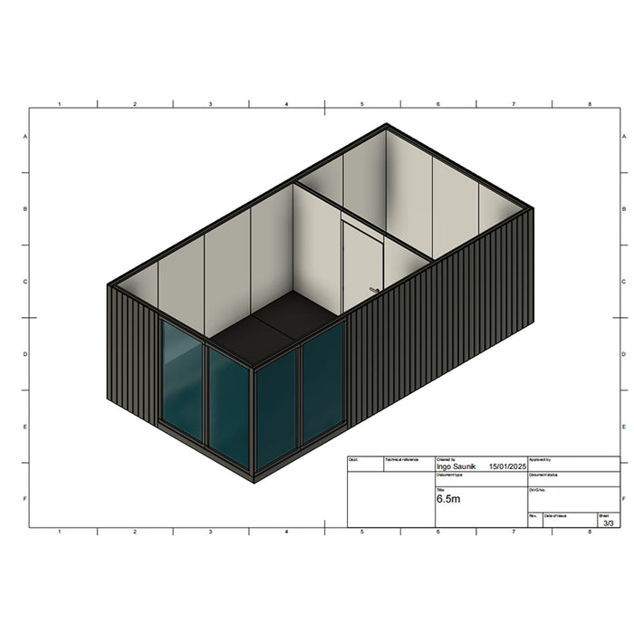 3D isometric cutaway of Estholz Garden House WILLIAM illustrating internal space configuration with glass frontage and divided room areas.