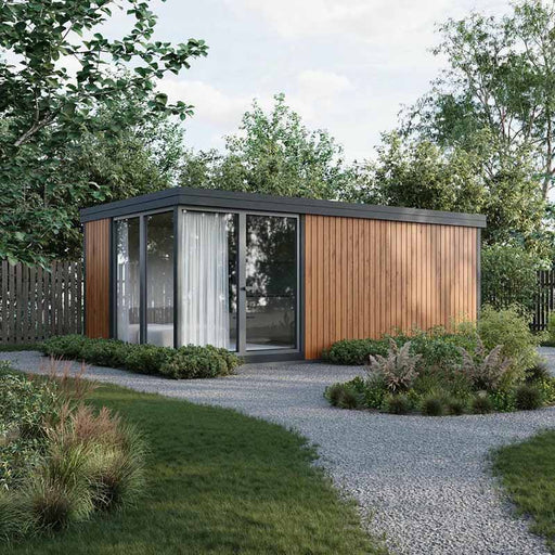 Elegant Estholz Garden House WILLIAM with vertical timber cladding and full-length windows, nestled in a landscaped garden setting with curved paths.