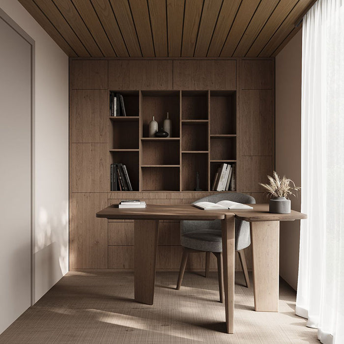 Stylish Estholz Garden House WILLIAM setup with built-in wooden shelving, a minimalist desk and chair, ideal for a serene garden home office.