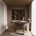 Stylish Estholz Garden House WILLIAM setup with built-in wooden shelving, a minimalist desk and chair, ideal for a serene garden home office.