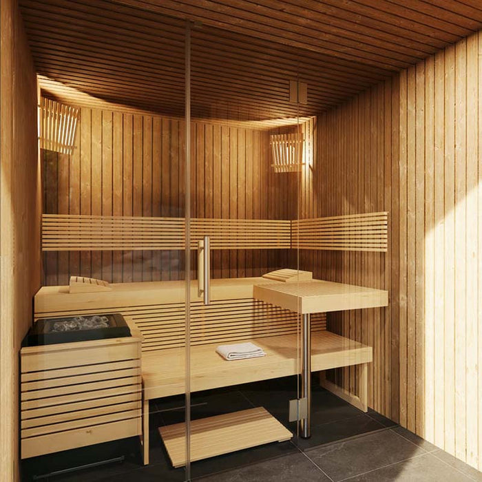 Luxurious Estholz Garden House WILLIAM interior featuring a modern wooden sauna with bench seating, soft lighting, and glass door enclosure.