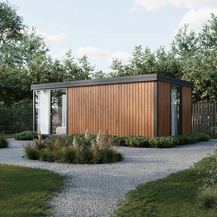 Contemporary Estholz Garden House WILLIAM with corner glazing and wooden exterior, surrounded by greenery and designed for stylish garden living.