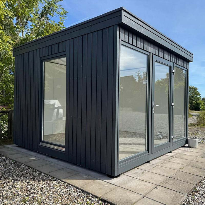 Stylish Estholz OLIVER garden building with full-height glass panels, dark timber cladding, and a compact footprint—ideal for use as a home office, studio, or outdoor retreat.