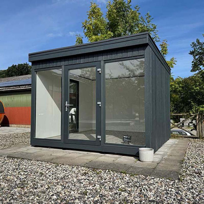 Premium Estholz OLIVER garden house with sleek modern design, double glass doors, and insulated walls—perfect for year-round use as a garden room or workspace.