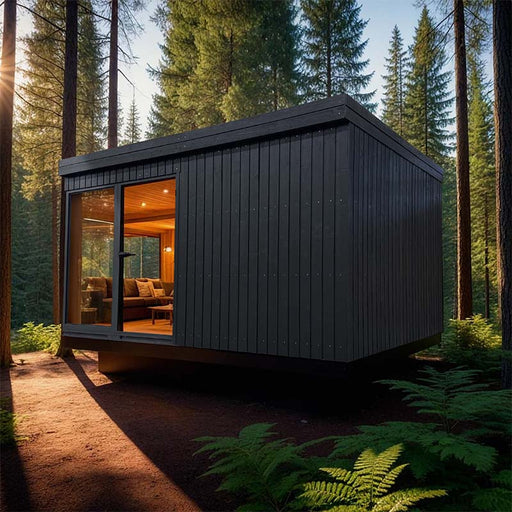 Realistic render of Estholz Summerhouse WALTER with dark vertical timber cladding, large glass door, and warm interior lighting, set in a forest at sunset.