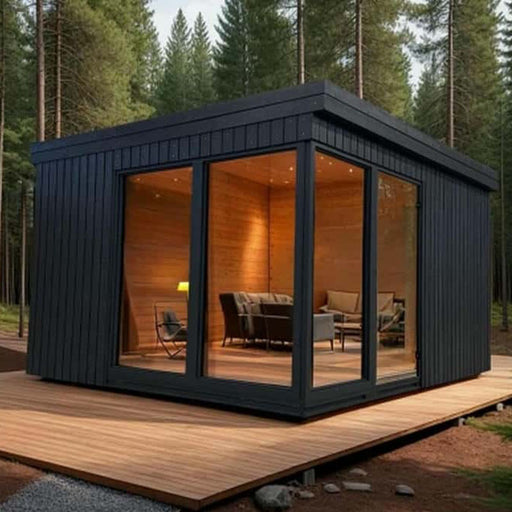Evening view of Estholz Summerhouse WALTER with glowing timber interior, glass walls, and expansive wooden deck, nestled among tall pine trees—ideal for stylish forest escapes.