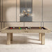 Etrusco Casino pool table with natural oak finish and brown cloth, set beneath a modern chandelier on a polished marble floor.