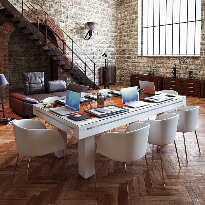 Etrusco Casino pool table in white frame, converted into a functional office desk with orange top in an industrial loft environment.