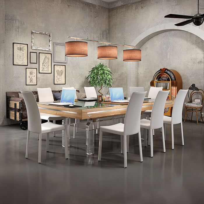 Etrusco Contemporaneo pool table converted into a contemporary dining or work table with wood frame and transparent legs.