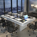 Etrusco Contemporaneo pool table transformed into a modern boardroom table with white finish and full office setup.