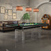 Modern Etrusco Contemporaneo pool table with black frame and green felt, featuring clear acrylic legs in a stylish loft space.