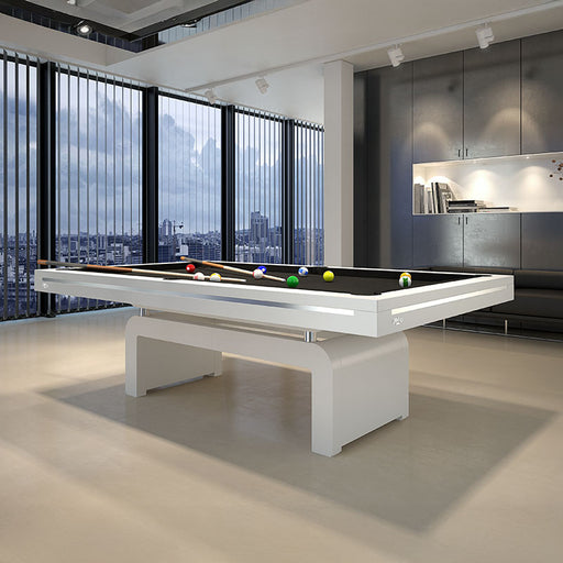 Etrusco Contemporaneo pool table with sleek white frame and black cloth in a high-rise modern office with city views.