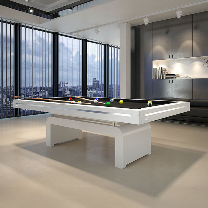 Etrusco Contemporaneo pool table with sleek white frame and black cloth in a high-rise modern office with city views.