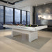 Etrusco Contemporaneo pool table with sleek white frame and black cloth in a high-rise modern office with city views.