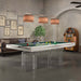 Etrusco Contemporaneo pool table with fresh white frame, green cloth, and transparent acrylic legs in an open-plan loft room.