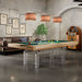 Etrusco Contemporaneo pool table in natural wood finish with green cloth, placed in a retro-industrial themed room with a jukebox.