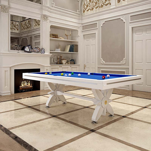 Etrusco Narciso pool table with white frame, blue cloth and sculptural floral-style base, set in an ornate, high-ceiling interior.