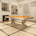 Etrusco Narciso pool table with bold orange cloth and metallic floral legs, standing out in a lavishly decorated classical room.