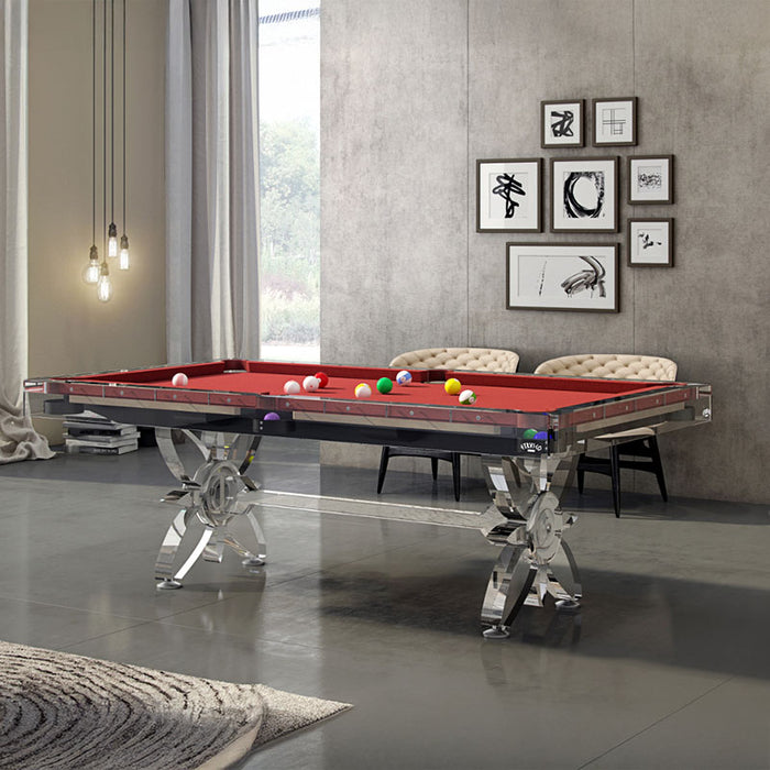 Etrusco Narciso pool table with vibrant red cloth and high-gloss chrome legs, featured in a sleek and modern luxury interior.