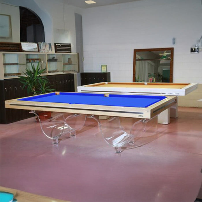 Etrusco Onda Marina Pool Table showcasing vivid blue felt with sculptural transparent base, designed for luxury interiors and multifunctional use.