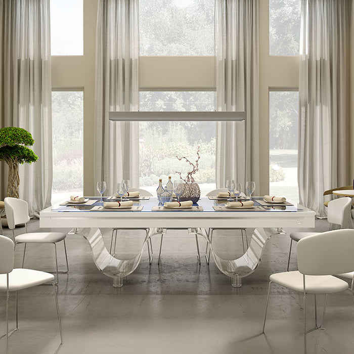 Etrusco Onda Marina Pool Table converted into a formal dining table setup, with full place settings and contemporary decor in a luxury dining space.