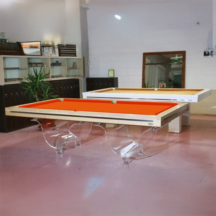 Etrusco Onda Marina Pool Table with striking orange cloth and signature acrylic curved legs, displayed in a chic convertible room setting.
