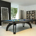 Etrusco P40 contemporary pool table in matte black finish with vibrant blue cloth, set in a sleek home interior with floor-to-ceiling windows, artistic décor, and minimalist shelving.