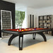 Etrusco P40 modern pool table in matte black finish with deep red cloth, displayed in a stylish home library setting with contemporary décor and clean architectural lines.