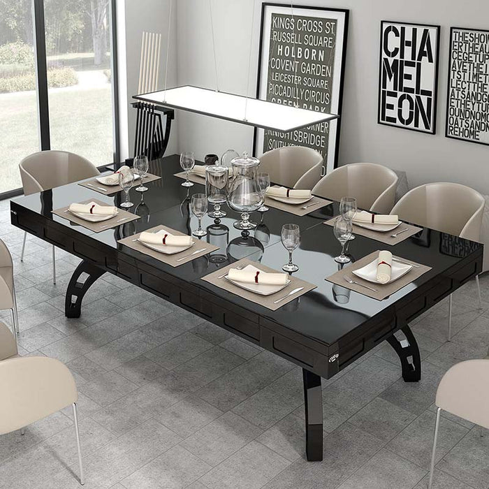 Etrusco P40 luxury dining pool table in glossy black finish, transformed into an elegant dining setting with beige chairs and crystal glassware, ideal for high-end modern interiors.