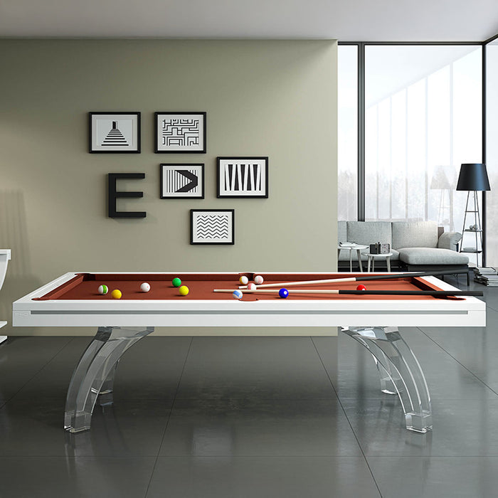 Etrusco P40 pool table in light wood finish set in a bright office space, doubling as a collaborative meeting table with laptops and office supplies—blending business functionality with billiards entertainment.