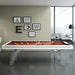 Etrusco P40 pool table in light wood finish set in a bright office space, doubling as a collaborative meeting table with laptops and office supplies—blending business functionality with billiards entertainment.